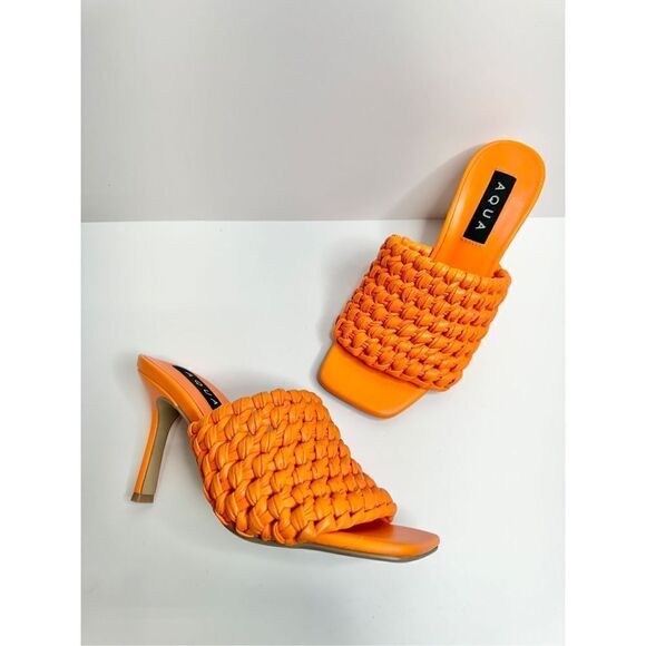 AQUA Woven Sandals Womens Size 7 Orange Slip On High Heel Square Toe NEW - Picture 7 of 11